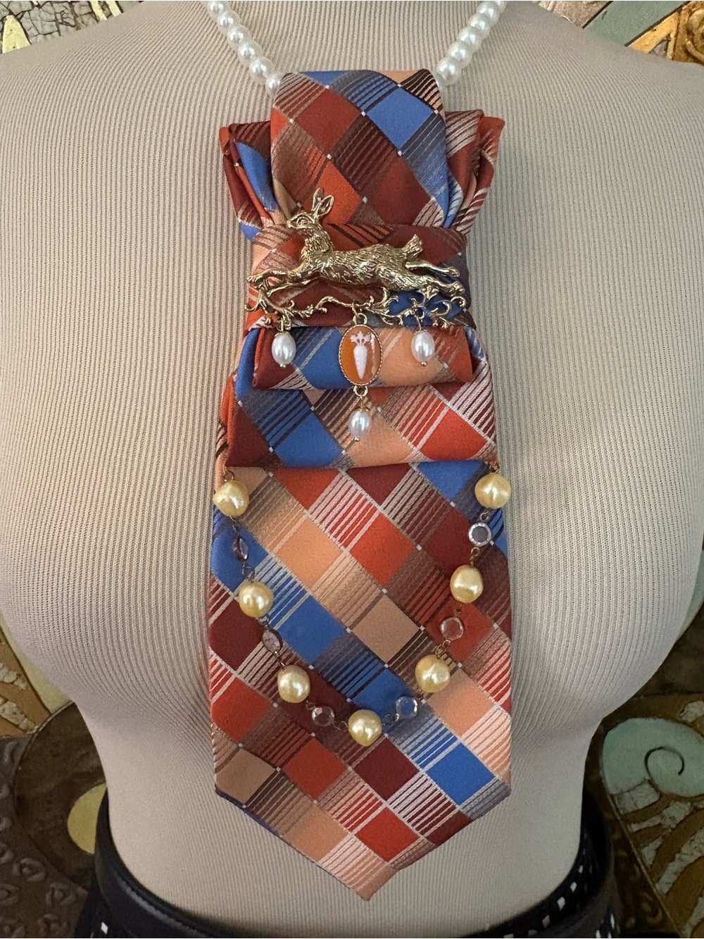 Plaid Satin Tie Necklace in Rust, Blue, and Tan